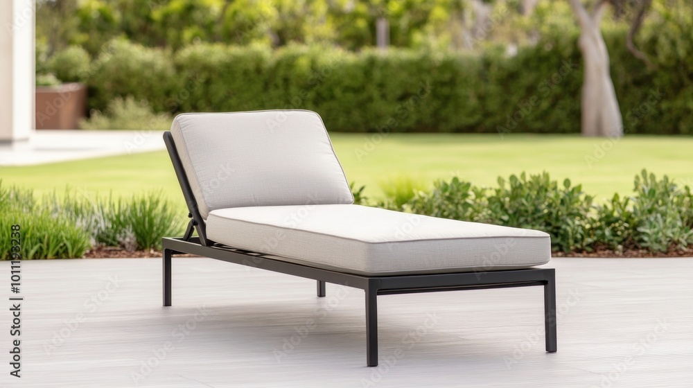 Modern Black Chaise Lounge Chair on Patio. Modern Black Chaise Lounge Chair on Patio.