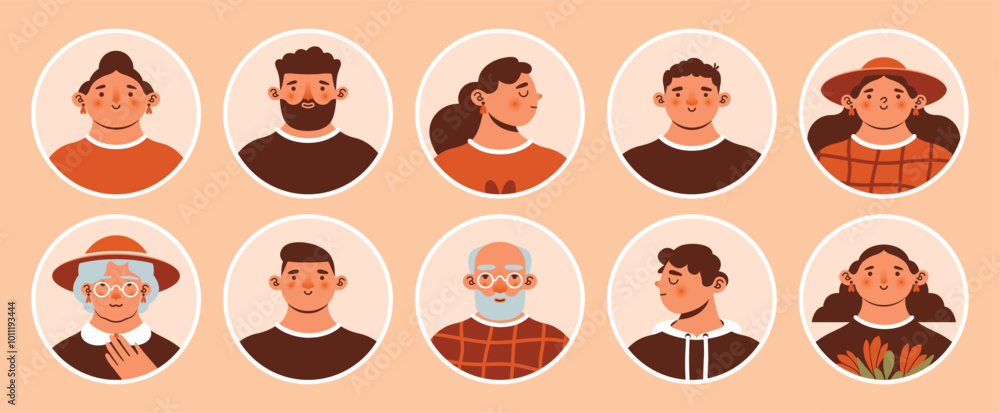 Round avatars with portraits of diverse young and old people. Trendy modern clip arts. Cartoon, minimal, abstract, naive style. Cute funny characters. Man, woman, bearded old man, old women in glasses Round avatars with portraits of diverse young and old people. Trendy modern clip arts. Cartoon, minimal, abstract, naive style. Cute funny characters. Man, woman, bearded old man, old women in glasses