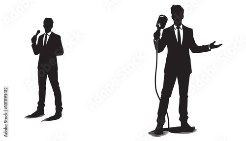 Talk show man with microphone in hand silhouette vector illustration design black and white art