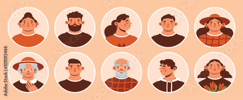 Round avatars with portraits of diverse young and old people. Trendy modern clip arts. Cartoon, minimal, abstract, naive style. Cute funny characters. Man, woman, bearded old man, old women in glasses