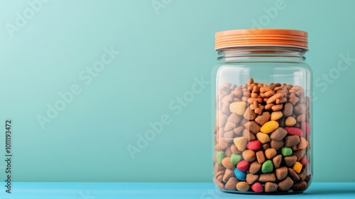 Glass Jar of Dog Food on Blue Background.