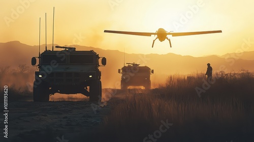 Military vehicles on rugged terrain at sunset, with a drone flying overhead, showcasing modern technology and tactical operations.