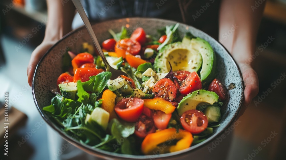 Fresh vegetable salad served in a bowl during a casual meal preparation at home in the afternoon light Fresh vegetable salad served in a bowl during a casual meal preparation at home in the afternoon light