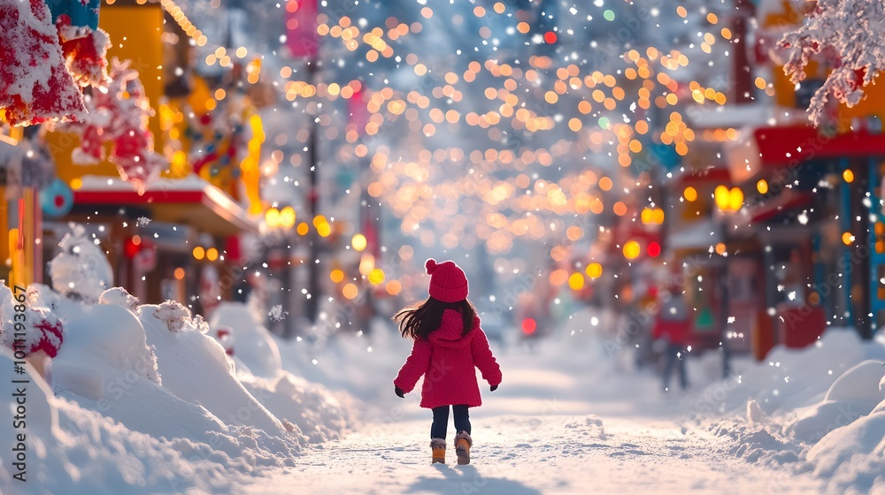 Enchanting Winterscape Snowy Street Aglow with Festive Lights and Holiday Cheer