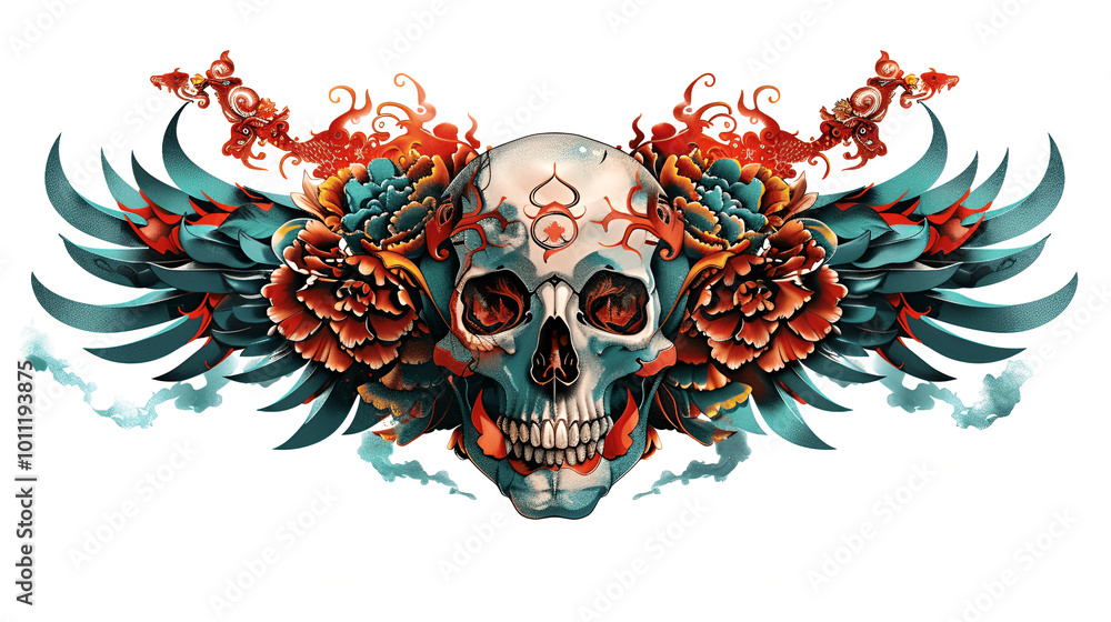 Obraz premium Winged skull and tattoo design featuring a gothic skull with wings, embodying danger and death, perfect for Halloween or rock-inspired art on white background.