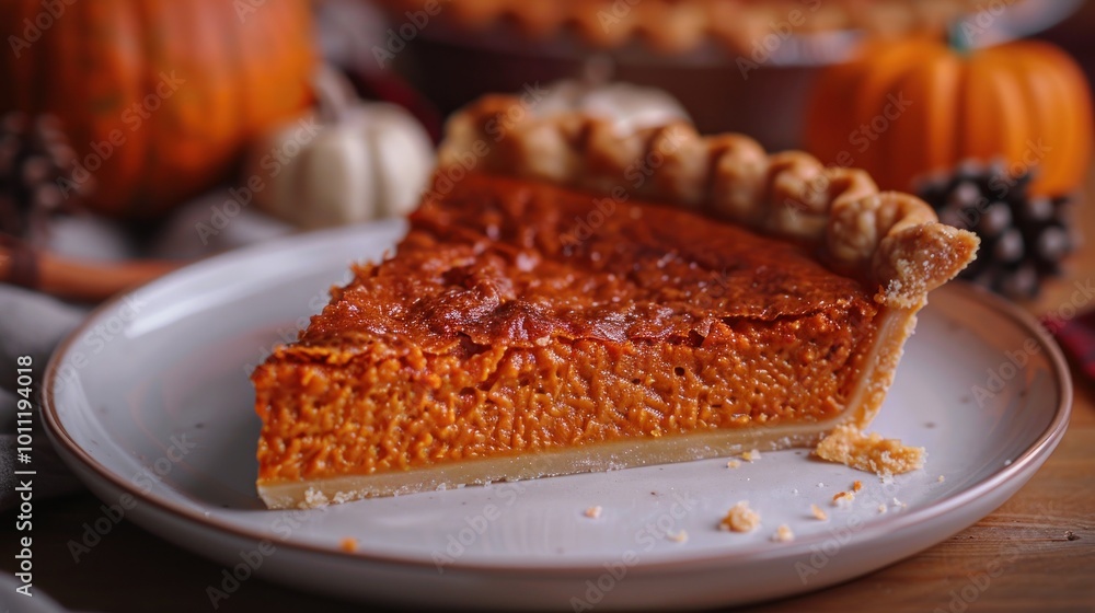 Delicious slice of homemade pumpkin pie served on a rustic plate with autumn decorations and warm tones. Generative AI Delicious slice of homemade pumpkin pie served on a rustic plate with autumn decorations and warm tones. Generative AI