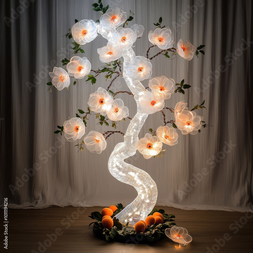 peach tree sculpture made of woven white and transparent thread, fiber optics for feature lighting photo