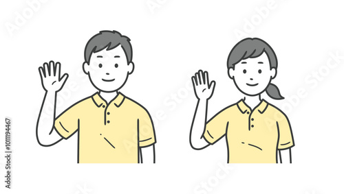 片手を上げて挨拶をする介護士男女の上半身イラスト
