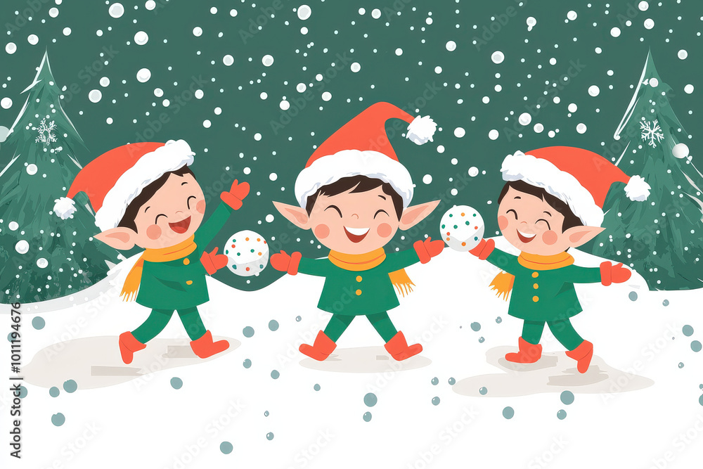 Joyful elves are playing in snowball fight, surrounded by falling snow and festive trees, capturing spirit of holiday season Joyful elves are playing in snowball fight, surrounded by falling snow and festive trees, capturing spirit of holiday season