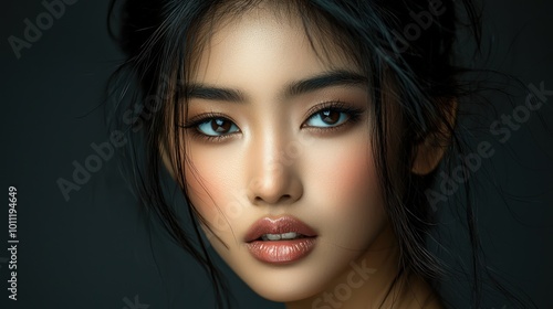 Wallpaper Mural Glamorous Asian female model with elegant makeup, featured in a magazine-style photoshoot. The portrait captures her fashion-forward and sophisticated look. Torontodigital.ca