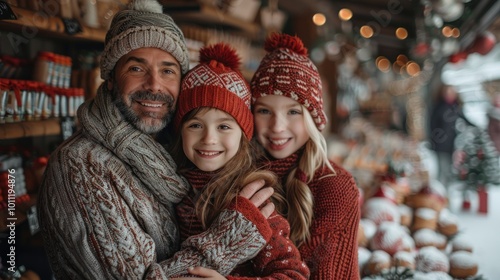 A cozy winter day at the market with a father and his two daughters in festive sweaters and hats. Generative AI