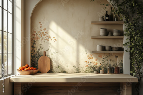 Modern living room with table, flowers and brightly lit background