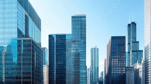 Modern skyscrapers reflect bright sunlight in a clear blue sky, showcasing urban architecture and design in an expansive cityscape.