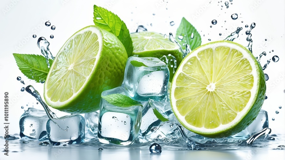 Refreshing Lemon Slices with Water Splash and Ice Cubes on Isolated Background Refreshing Lemon Slices with Water Splash and Ice Cubes on Isolated Background