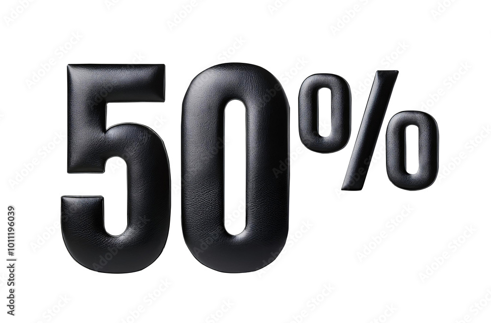 Realistic 3D black leather 50% discount word in isolated background. Realistic 3D black leather 50% discount word in isolated background.