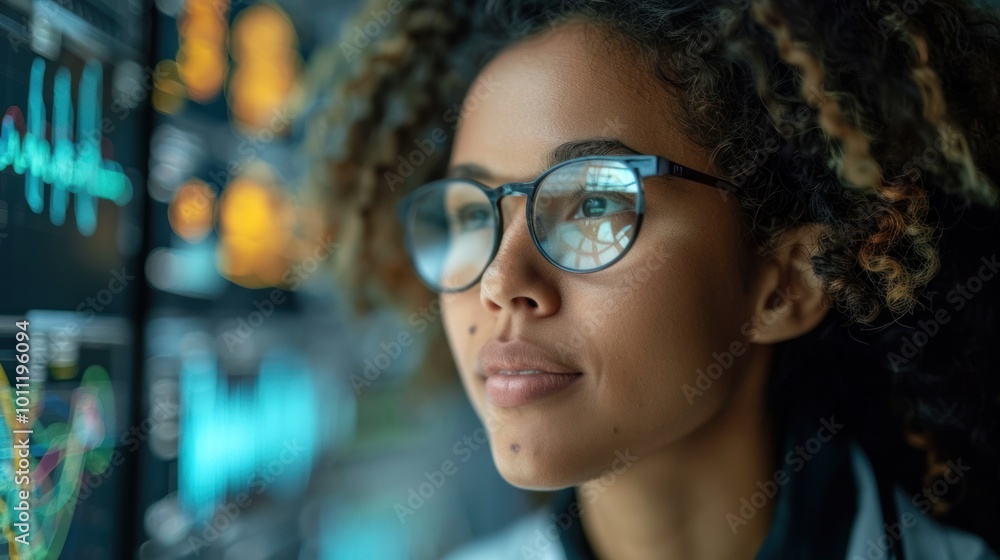 Young African American woman with curly hair and glasses professional analyzing data trends in a modern office, surrounded by screens displaying complex analytics. Generative AI Young African American woman with curly hair and glasses professional analyzing data trends in a modern office, surrounded by screens displaying complex analytics. Generative AI