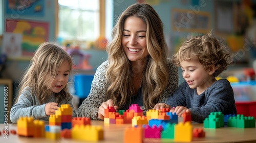 a person and children playing with blocks... a person and children playing with blocks