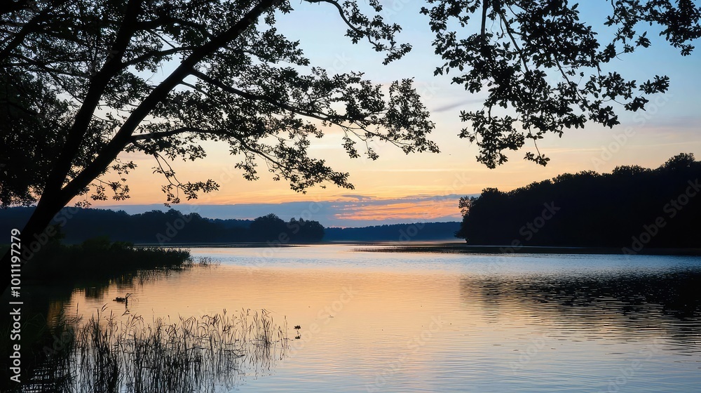 Serene evening landscape with a tranquil lake reflecting sunset colors, surrounded by lush trees and gentle ripples. Serene evening landscape with a tranquil lake reflecting sunset colors, surrounded by lush trees and gentle ripples.