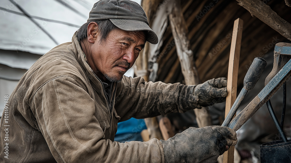 Mongolian Nomad Man Repairing a Yurt, Focusing on His Skill and the Importance of Maintaining Traditional Nomadic Homes Mongolian Nomad Man Repairing a Yurt, Focusing on His Skill and the Importance of Maintaining Traditional Nomadic Homes