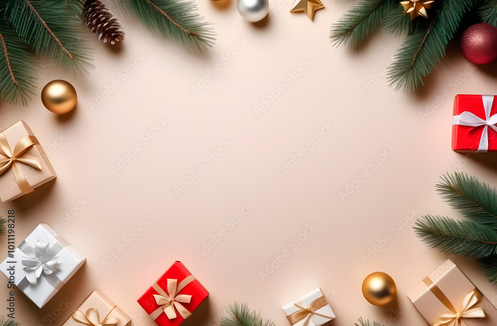 a Christmas card. A banner with fir branches and gift boxes. A New Year's banner with a place for text and advertising. Light beige background with gift boxes, fir branches and toys. a Christmas card. A banner with fir branches and gift boxes. A New Year's banner with a place for text and advertising. Light beige background with gift boxes, fir branches and toys.