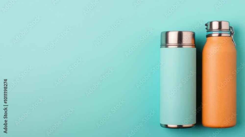Two Stainless Steel Water Bottles on Blue Background. Two Stainless Steel Water Bottles on Blue Background.