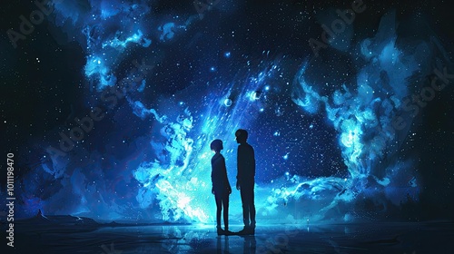 Two lovers stand united, with a galaxy as their backdrop. Alone in the universe.