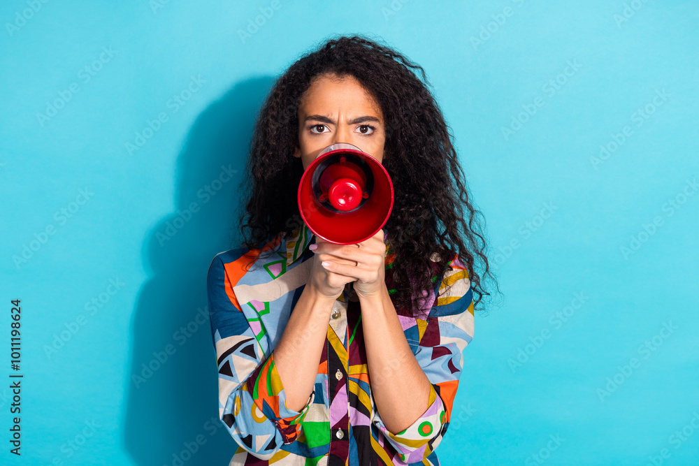 Obraz premium Photo of lovely cute nice woman wear trendy clothes hold bullhorn announce news isolated on blue color background