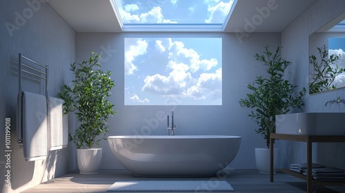 Spacious bathroom featuring a modern bathtub, natural light, and greenery, creating a serene atmosphere for relaxation. photo