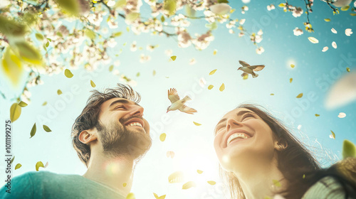 Portait Of A Happy Caucasian Couple During Spring Season, Cherry Blessom Petals And Green Leaves. Happy Couple Concept photo