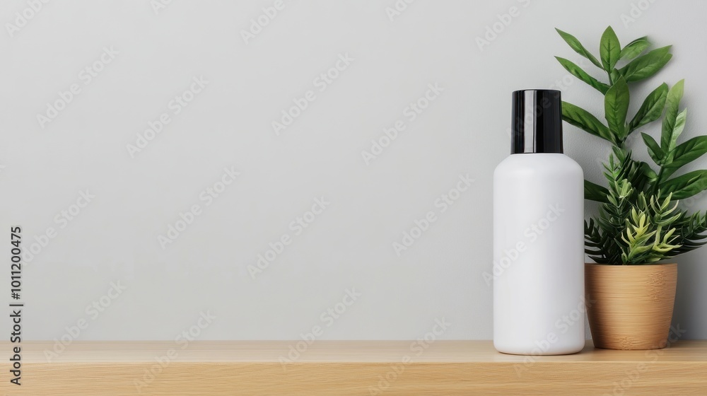 White Bottle Mockup on Wooden Shelf with Green Plant. White Bottle Mockup on Wooden Shelf with Green Plant.