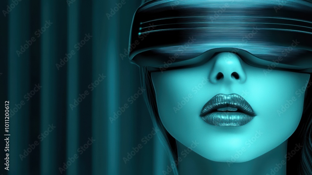 Futuristic Woman with Virtual Reality Headset in Neon Blue Light, AI Futuristic Woman with Virtual Reality Headset in Neon Blue Light, AI