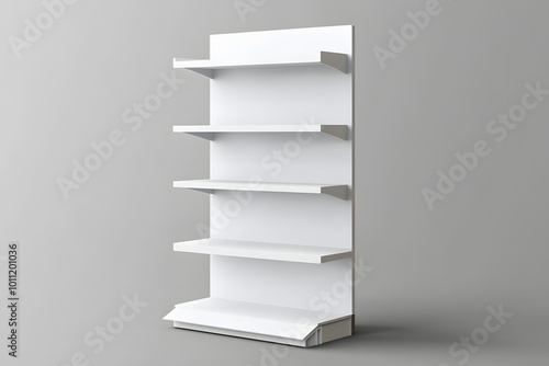 3d White Empty Product Display For Supermarket With Shelves mock up Isolated on white background. Retail shelf, ,display mockup.