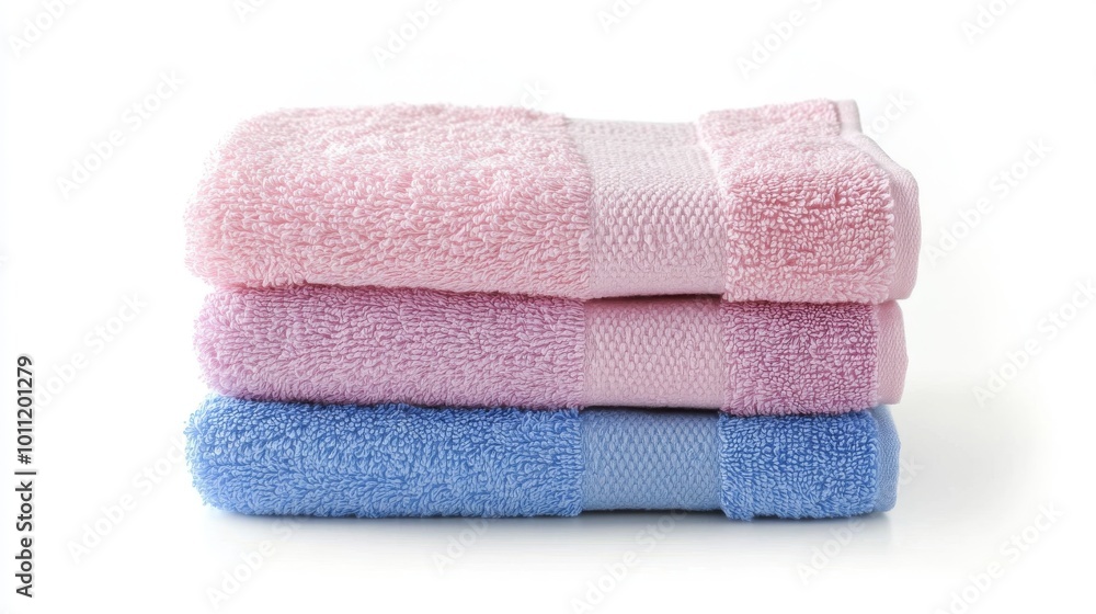 Three neatly folded towels, stacked on top of each other, against a white background. Three neatly folded towels, stacked on top of each other, against a white background.