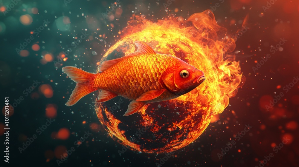 Fish Swimming in Boiling Water Around a Fiery Globe Fish Swimming in Boiling Water Around a Fiery Globe
