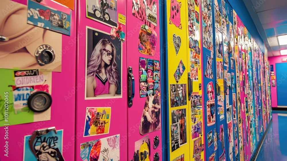 Obraz premium Vibrant and colorful wall filled with eclectic posters, stickers, and visual art, showcasing a creative and youthful atmosphere.
