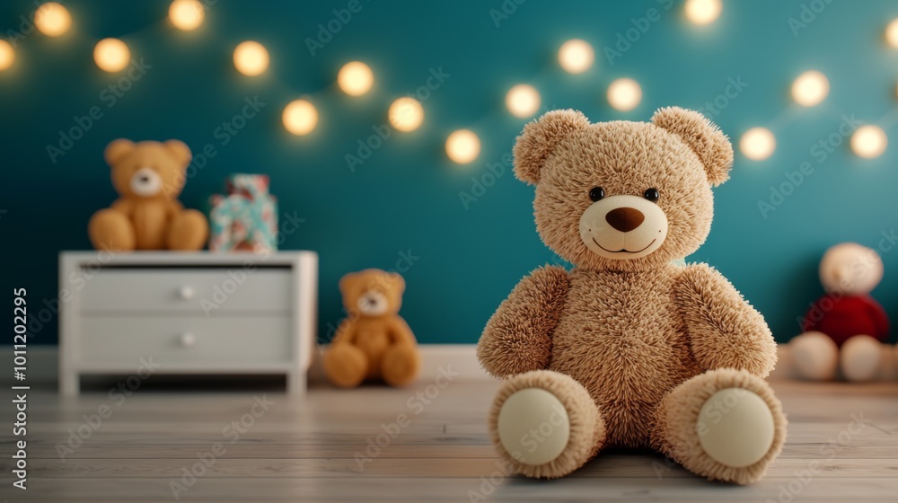 Soft Plush Toys in Cozy Nursery with Christmas Lights Soft Plush Toys in Cozy Nursery with Christmas Lights