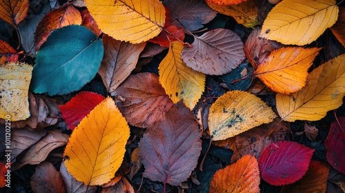 Vibrant autumn leaves scattered on the ground, showcasing a beautiful mix of colors, from deep red to bright yellow.