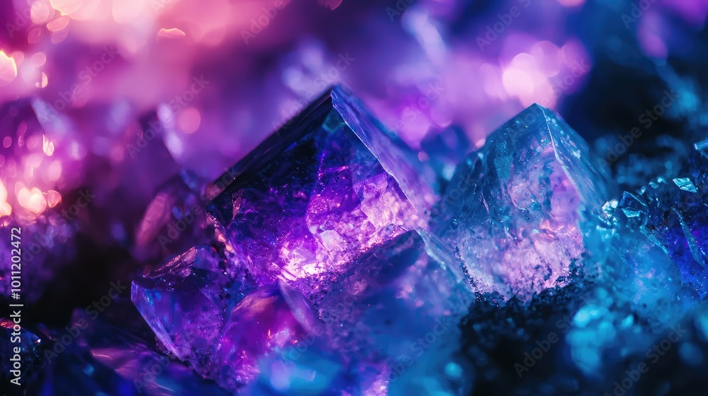 Vibrant close-up of crystalline formations showcasing dazzling colors of purple and blue reflecting light beautifully. Vibrant close-up of crystalline formations showcasing dazzling colors of purple and blue reflecting light beautifully.