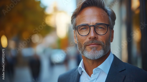 video of mature businessman with tablet walking on city street in front of office building handsome man with glasses in suit