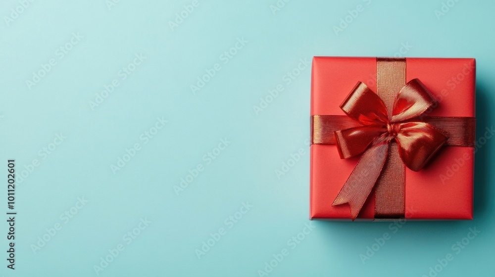 Red Gift Box with Bow on Blue Background. Red Gift Box with Bow on Blue Background.