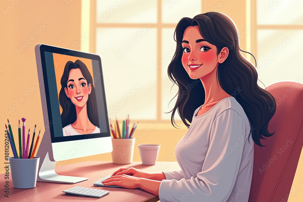 A smiling woman creates a digital self-portrait on her computer with a serene expression on her face in a warm home office A smiling woman creates a digital self-portrait on her computer with a serene expression on her face in a warm home office
