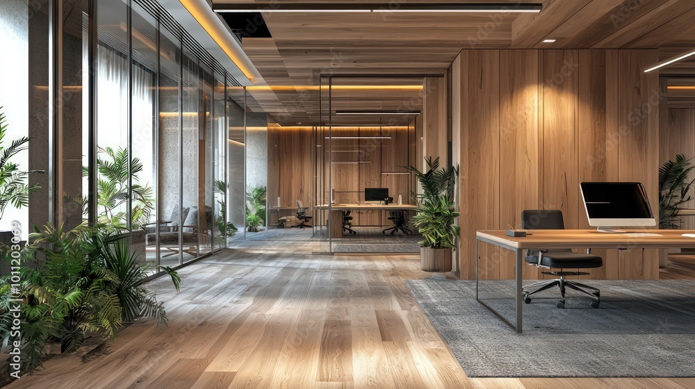 Modern working space with natural materials and creative design. The office features wooden laminate and loose furniture, reflecting a stylish and functional work environment. Modern working space with natural materials and creative design. The office features wooden laminate and loose furniture, reflecting a stylish and functional work environment.