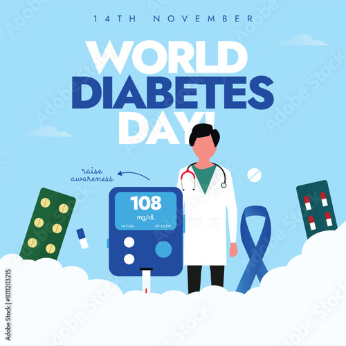 World Diabetes Day. 14th November Diabetes day celebration banner with a doctor, glucometer,  medicines. The theme for 2024 is Diabetes and well-being. The day spread awareness on this disease.