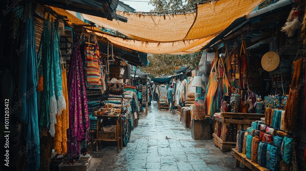 Obraz premium Vibrant market scene showcasing colorful fabrics, crafts, and a lively atmosphere under bright canopies.