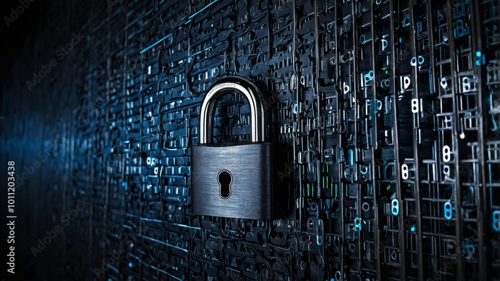 Network security and data protection with futuristic digital padlock illustration background. Network security and data protection with futuristic digital padlock illustration background.