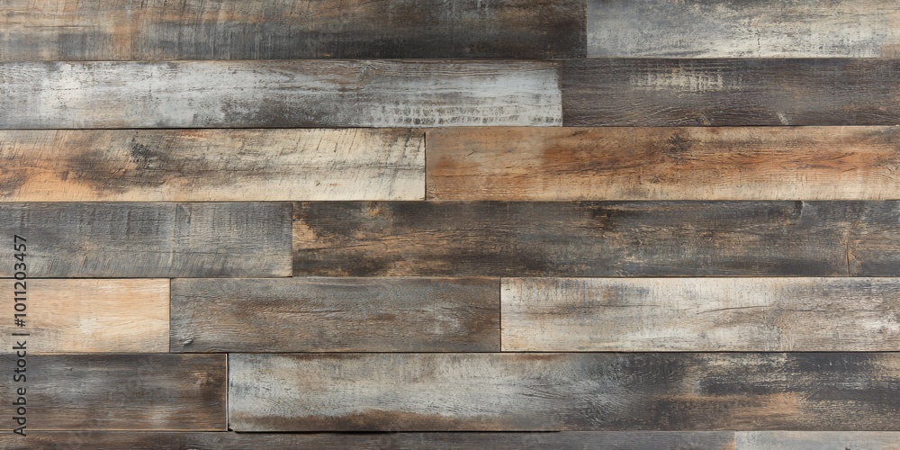 Weathered wooden wall with horizontal planks in various shades of brown, grey, and white. Weathered wooden wall with horizontal planks in various shades of brown, grey, and white.