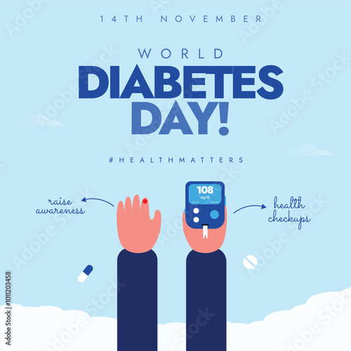 World Diabetes Day 14th November awareness banner, post. Diabetes day banner with a person holding glucometer in on hand and checking sugar from other hand, blood spot on finger. Conceptual design.