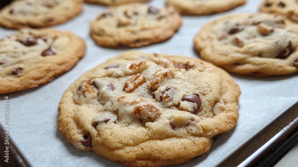 Warm, gooey cookies, just out of the oven. They're a mix of chocolate chips and nuts, and they look absolutely delicious. Warm, gooey cookies, just out of the oven. They're a mix of chocolate chips and nuts, and they look absolutely delicious.