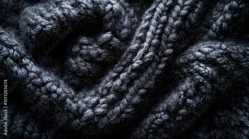 Black woolen fabric background with a top view of dark gray strands interwoven, creating a textured surface that is perfect for fashion, textile design, or interior decoration themes. The rich texture Black woolen fabric background with a top view of dark gray strands interwoven, creating a textured surface that is perfect for fashion, textile design, or interior decoration themes. The rich texture