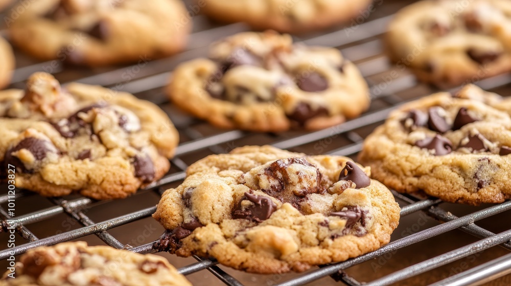 Warm, gooey cookies, just out of the oven. They're a mix of chocolate chips and nuts, and they look absolutely delicious. Warm, gooey cookies, just out of the oven. They're a mix of chocolate chips and nuts, and they look absolutely delicious.